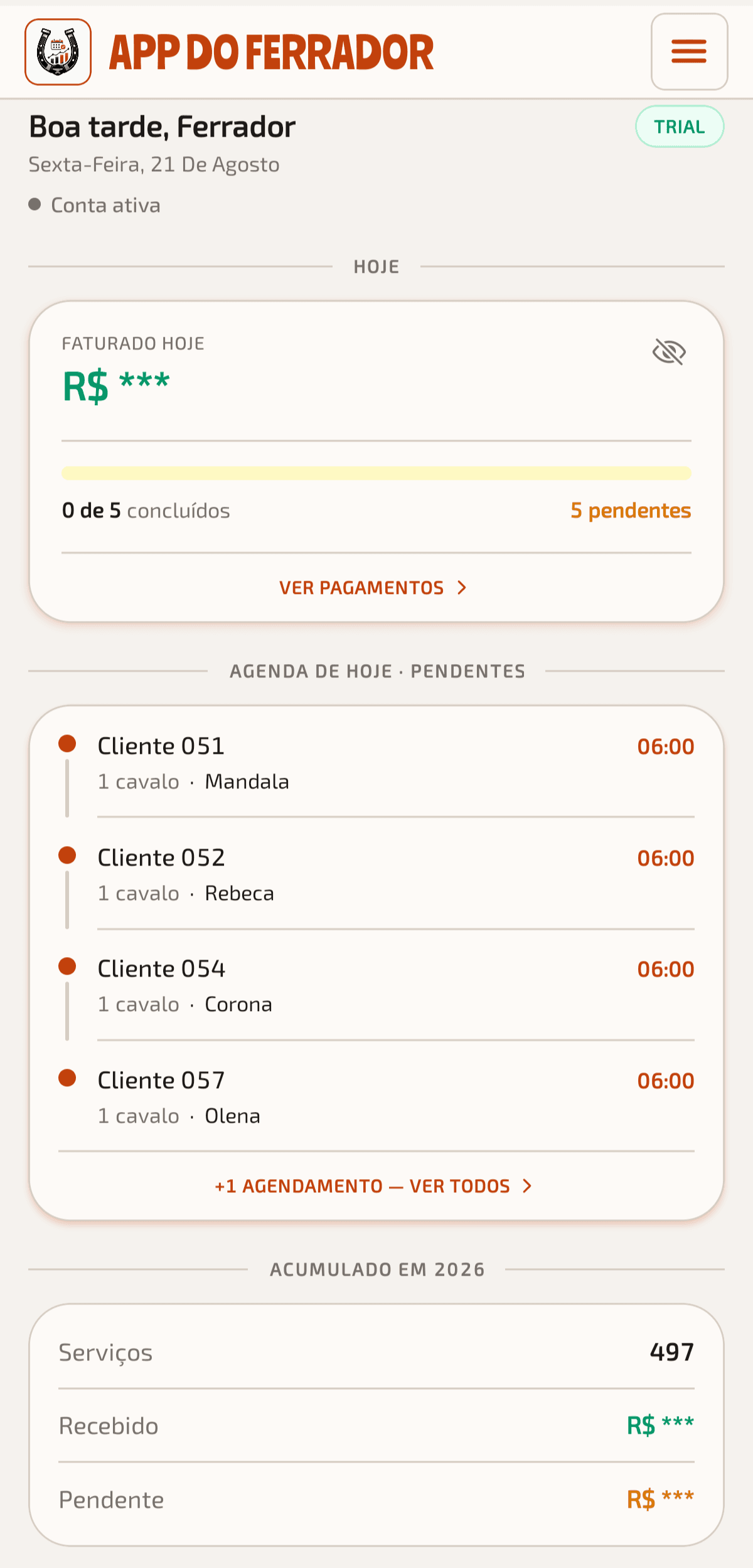 Tela do App do Ferrador: O dia já montado