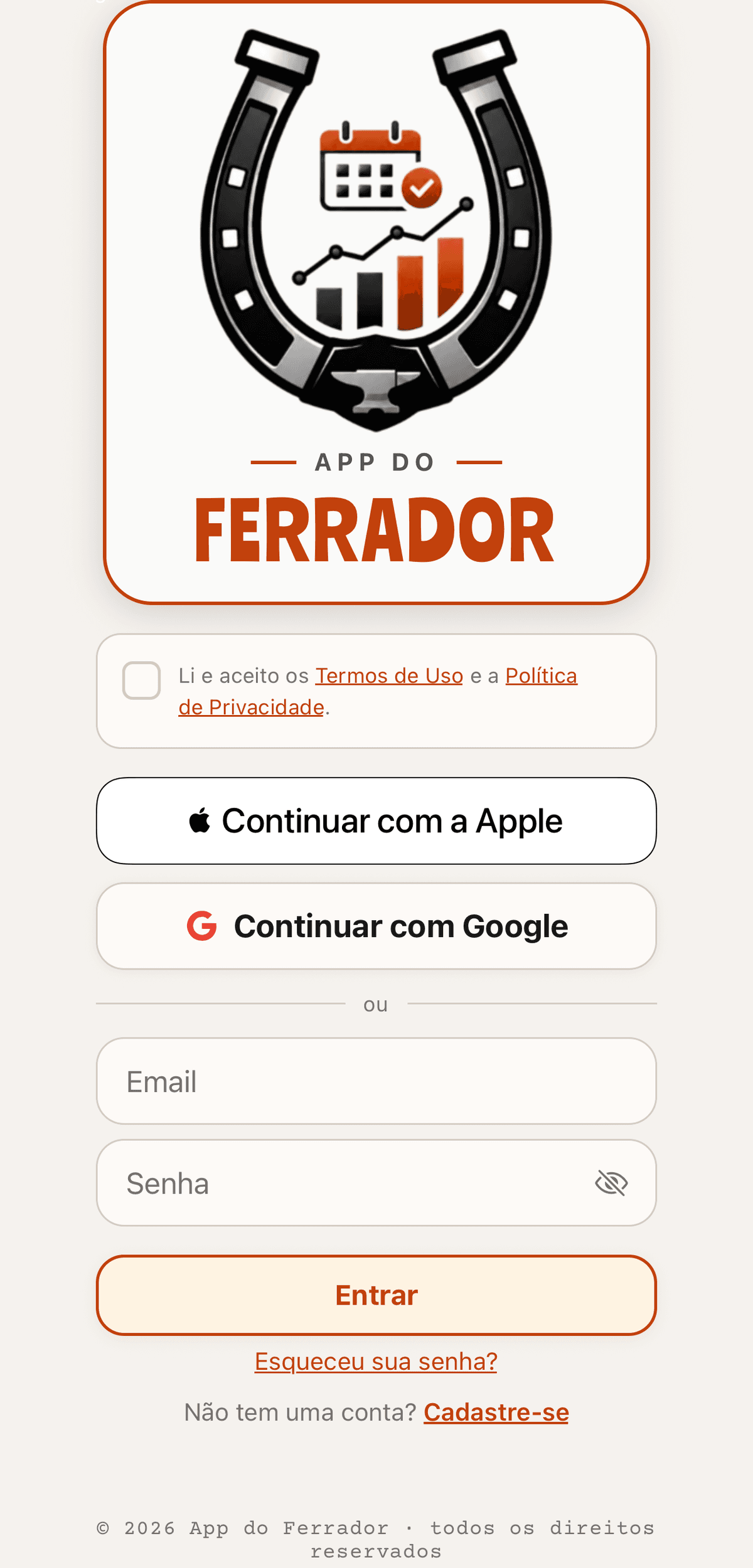 Tela do App do Ferrador: Entra sem cadastro