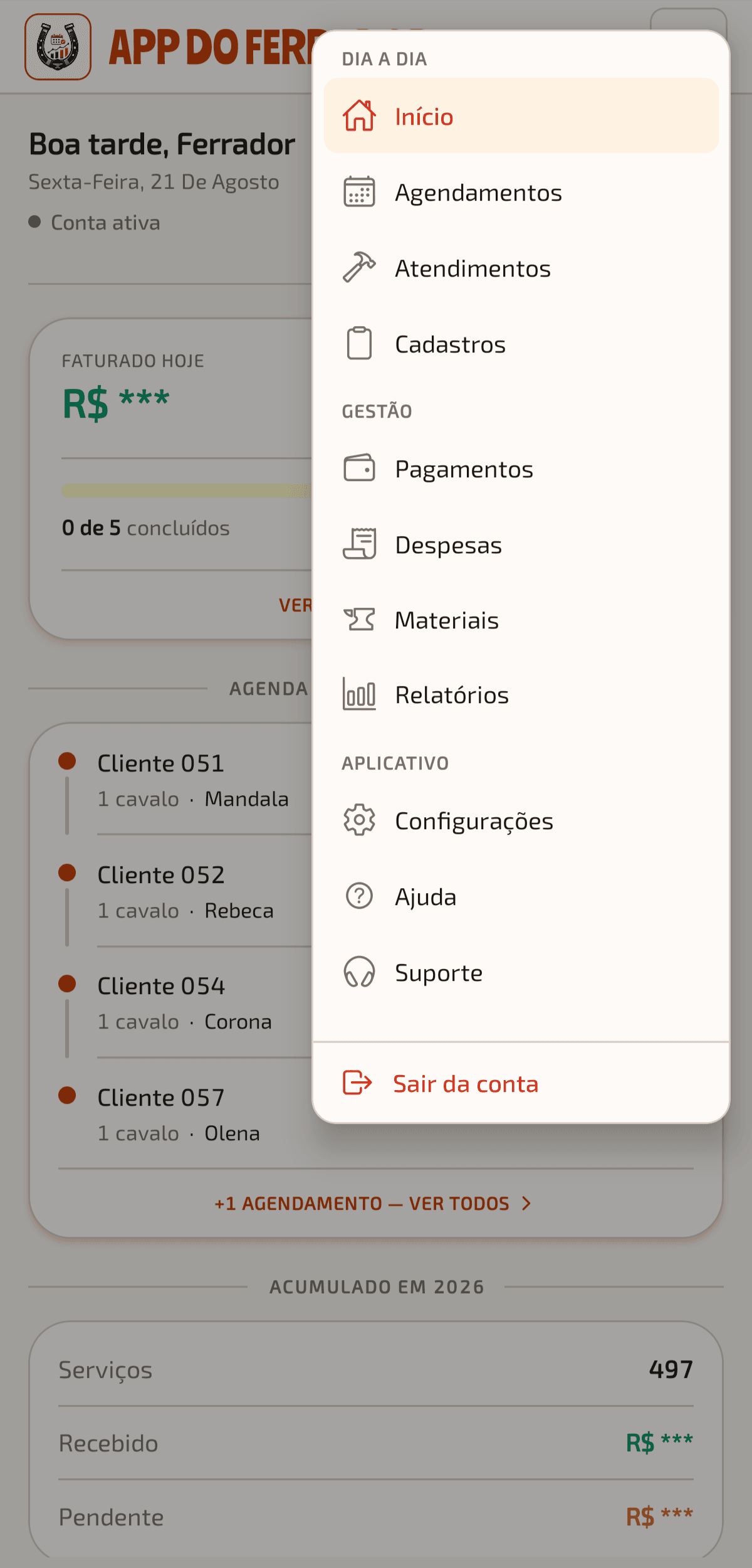 Tela do App do Ferrador: Tudo num lugar só